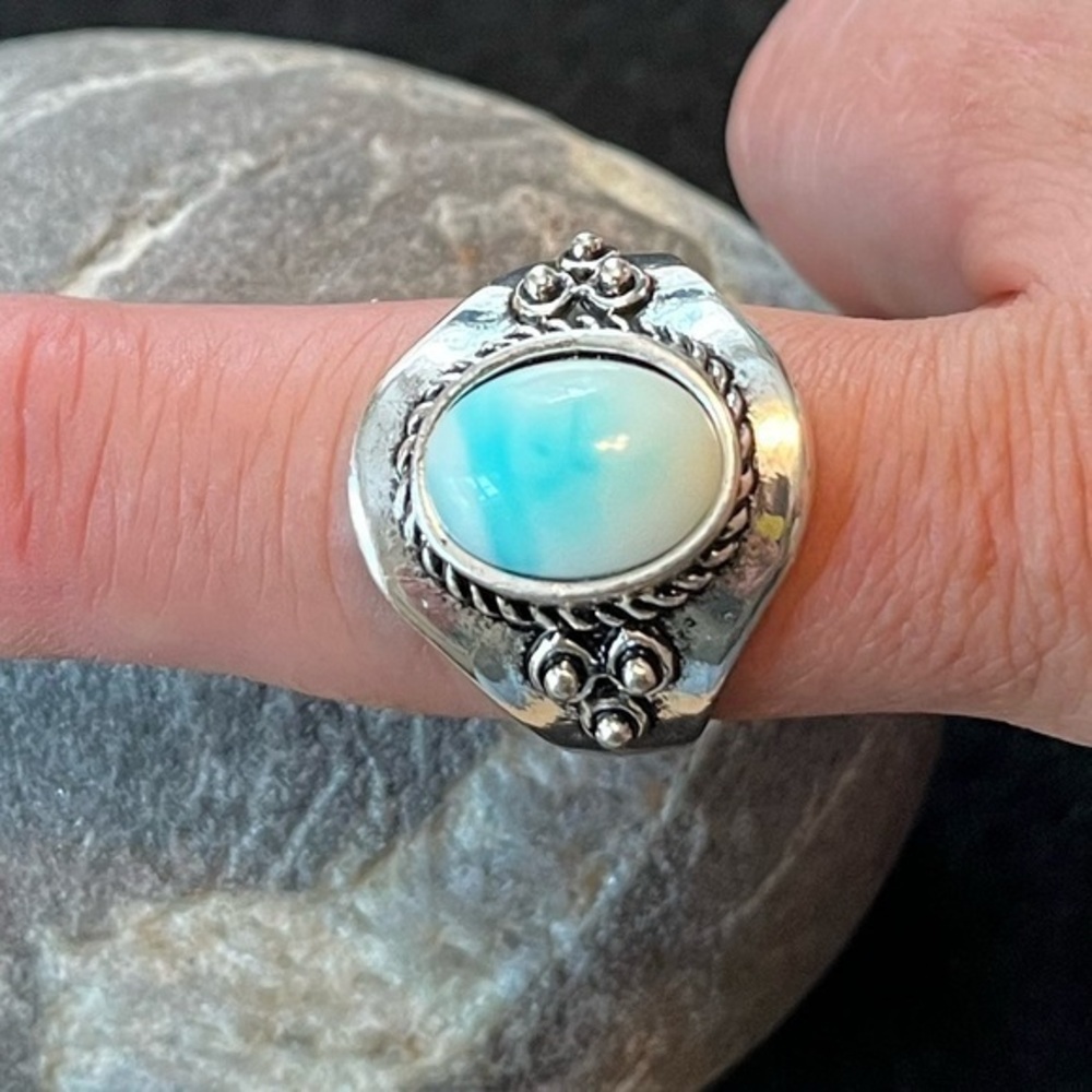 Silver tone and Light Blue Faux Stone Ring - approx size 10